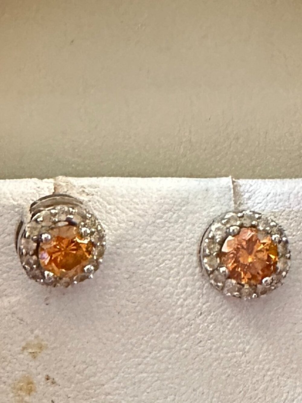 14K White Gold 0.95ct Pumpkin Orange Diamond Halo Stud Earrings – HTHP Treated